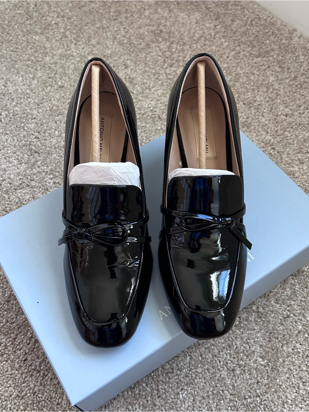 Antonio Melani Ahmber Black Patent Leather Block Heel Loafer Pumps Size 8M - Picture 6 of 13